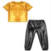 Loodgao Kids Girls Boys Shiny Dance Costume Leather Short Sleeve T-Shirts with Jogger Pants Set 2 Piece Sports Outfits Metallic 16 Years view 3