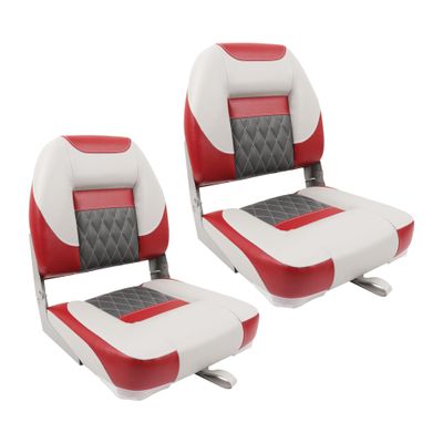 Deckpro Deluxe Low Back Boat Seat, Fold-Down Fishing Boat Seat Gray/Charcoal/Red (2 Seats)