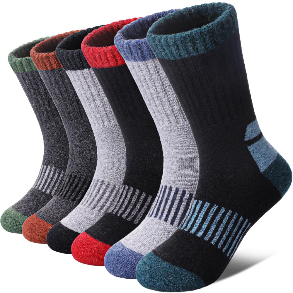 LINEMIN Kids Merino Wool Hiking Socks Toddlers Boys Girls Winter Warm Thick Thermal Boot Cushion Crew Socks 6 Pairs (4-7 Years, Mix Wool Hiking Socks)