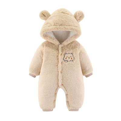 Newborn Baby Flannel Bear Bodysuit Baby Fleece Snowsuit Jumpsuit Warm Dance Hooded Outfits Double (c-Beige, 9-12 Months)
