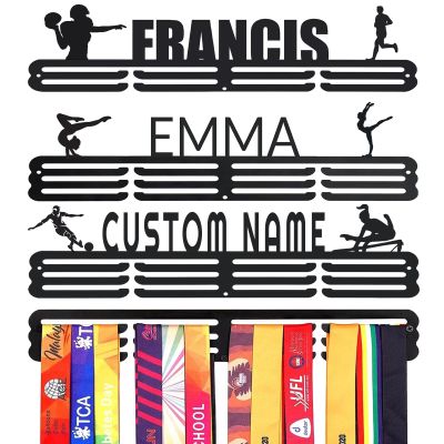 Goutoports Personalized Medal Holder with Name Display Rack for Awards Ribbons - Metal Custom Sports Race Plaques Hanger for Wall Mount Hold Up 60 Medal Hanger Display for Athlete Boy Girl Kid