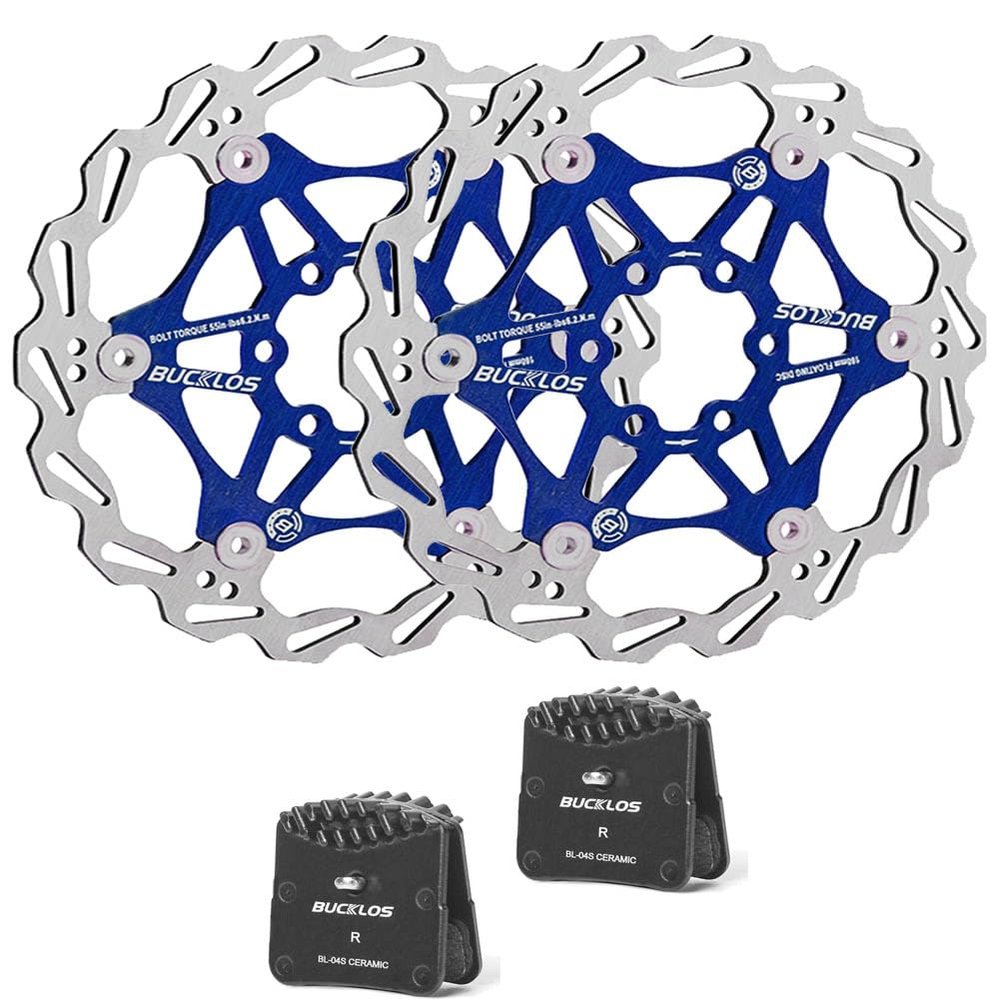 BUCKLOS 160mm Blue Floating Disc Brake Rotor Stainless Steel MTB Brakes Rotors and BL-04S 2 Pair Disc Brake Pads for Ceramic Shimano H03A H03C D02S D03S M640 M820 M6120 M7120