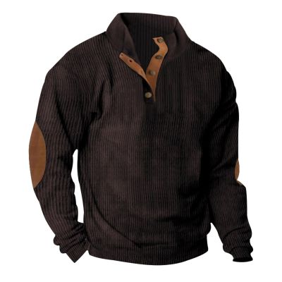 Mens Corduroy Sweatshirts Mock Neck Pullover Sweaters with Elbow Patches Lapel Collar Button Up Long Sleeve Henleys