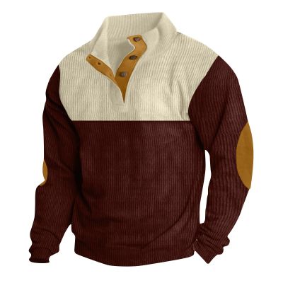 Mens Corduroy Sweatshirts Mock Neck Pullover Sweaters with Elbow Patches Lapel Collar Button Up Long Sleeve Henleys