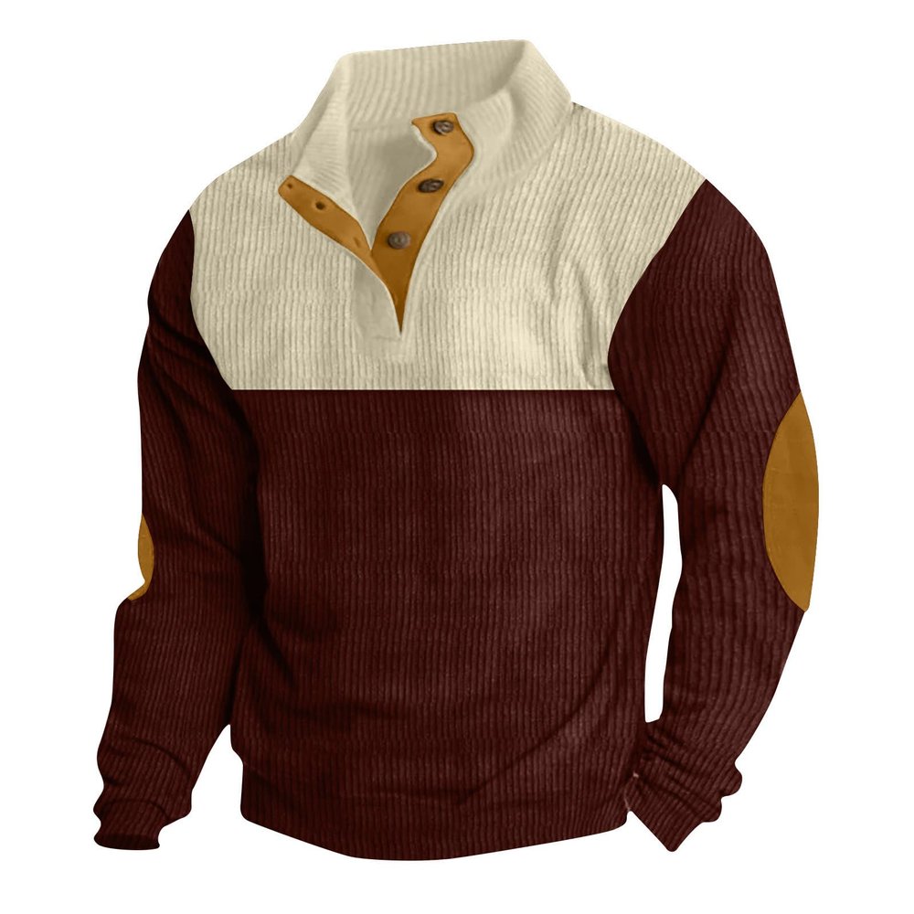 Mens Corduroy Sweatshirts Mock Neck Pullover Sweaters with Elbow Patches Lapel Collar Button Up Long Sleeve Henleys