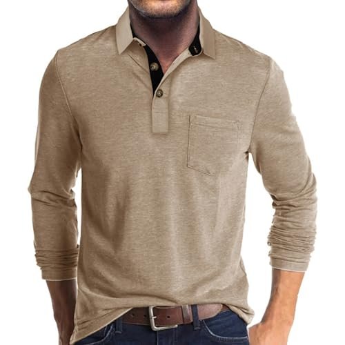Men's Casual Polo Shirts Classic Button Basic Long Sleeve Shirt Solid Color Cotton Tees Stylish Tops Light Khaki