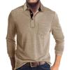 Men's Casual Polo Shirts Classic Button Basic Long Sleeve Shirt Solid Color Cotton Tees Stylish Tops Light Khaki view 1