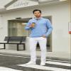 Men's Casual Polo Shirts Classic Button Basic Long Sleeve Shirt Solid Color Cotton Tees Stylish Tops Light Khaki view 4