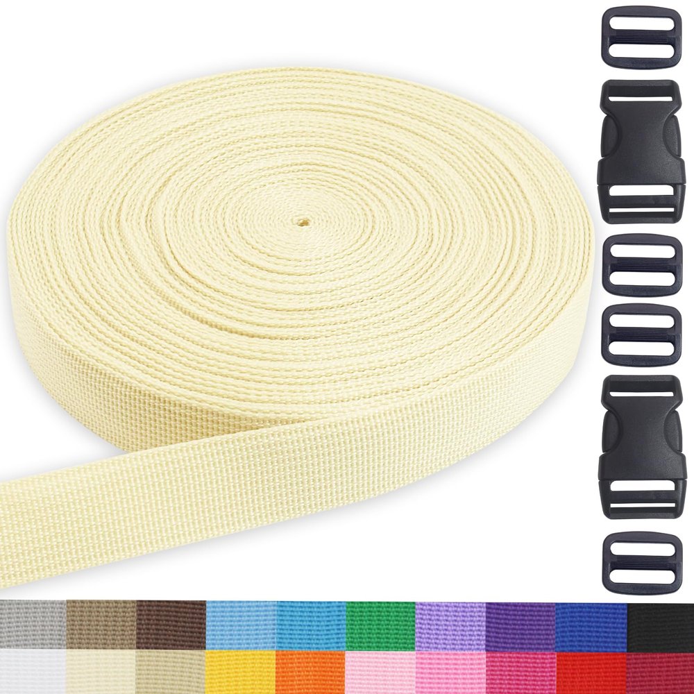 1 inch Webbing Ribbon-Ivory White Durable Polypropylene Webbing Straps with Buckles,20 Yards for Tie-Downs, Camping, Climbing, Backpack Bags, DIY Crafts, Lawn Chair Replacement, and Seat Belts