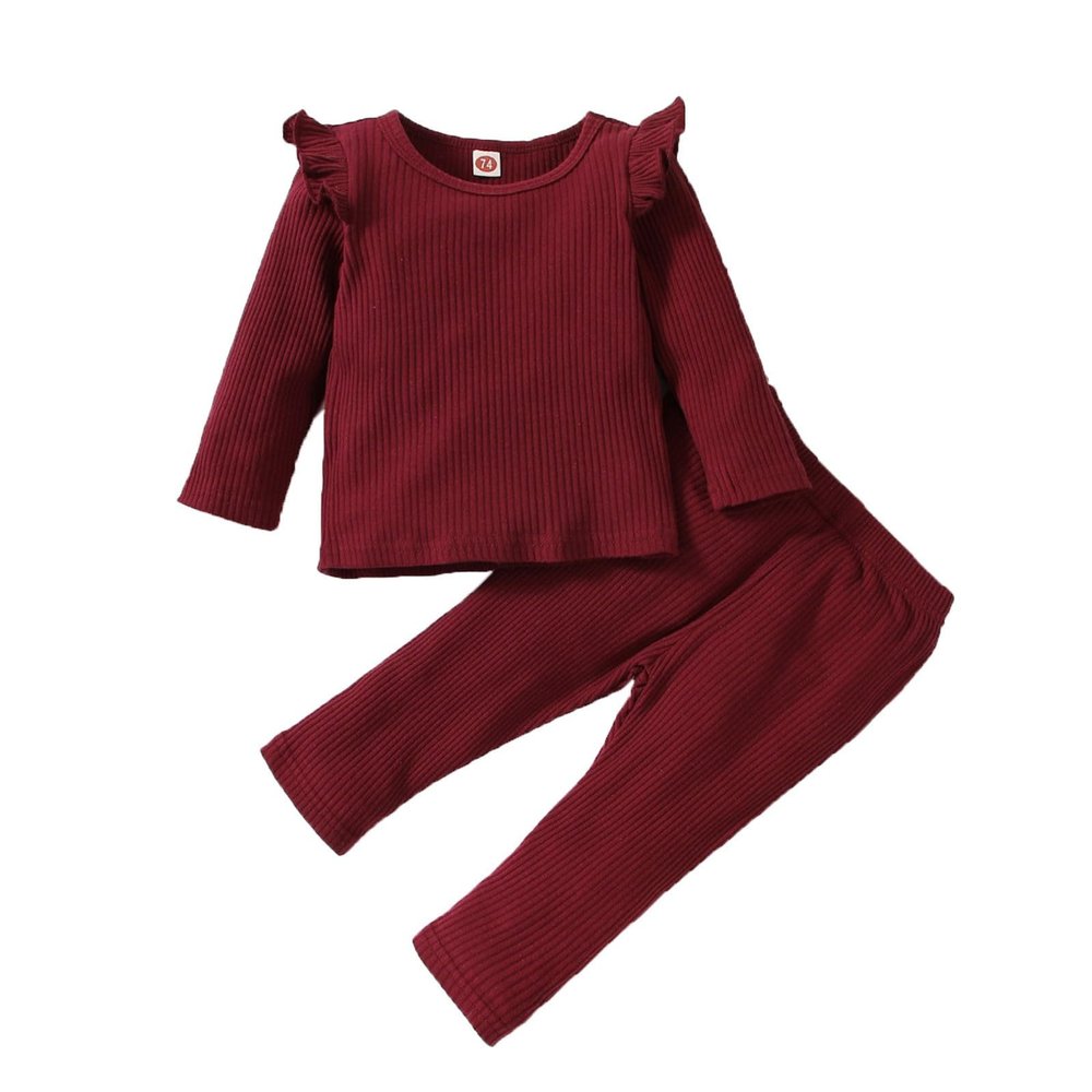 Toddler Boy Girls Clothes Casual Soild Color Ribbed Long Sleeves Top Pants Set Outfit Kids Fall 4t (Wine, 2-3 Years)