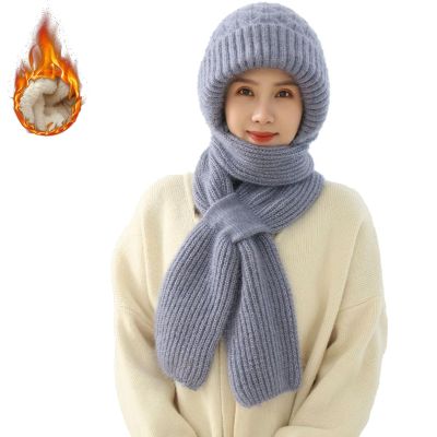 Integrated Ear Protection Windproof Cap Scarf,Integrated Velvet and Thickened Hat and Scarf Set for Women (Blue,L)