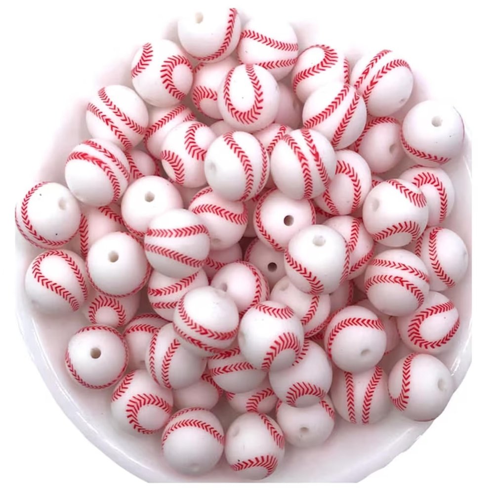 10pcs Baseball Silicone Beads 15mm, Baseball Sports Silicone Beads, Sports Silicone Bead, Jewelry Beads, Beads for Keychains