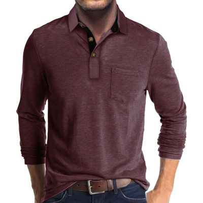 Men's Casual Polo Shirts Classic Button Basic Long Sleeve Shirt Solid Color Cotton Tees Stylish Tops Dark Red