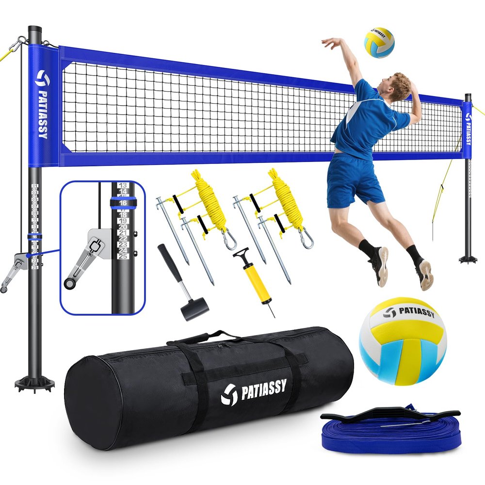 Heavy Duty Professional Volleyball Net Set for Backyard & Beach, 32-Ply Reinforced Net with Steel Anti-Sag Winch, Height-Adjustable Rust-Proof Aluminum Poles & Portable Carry Bag