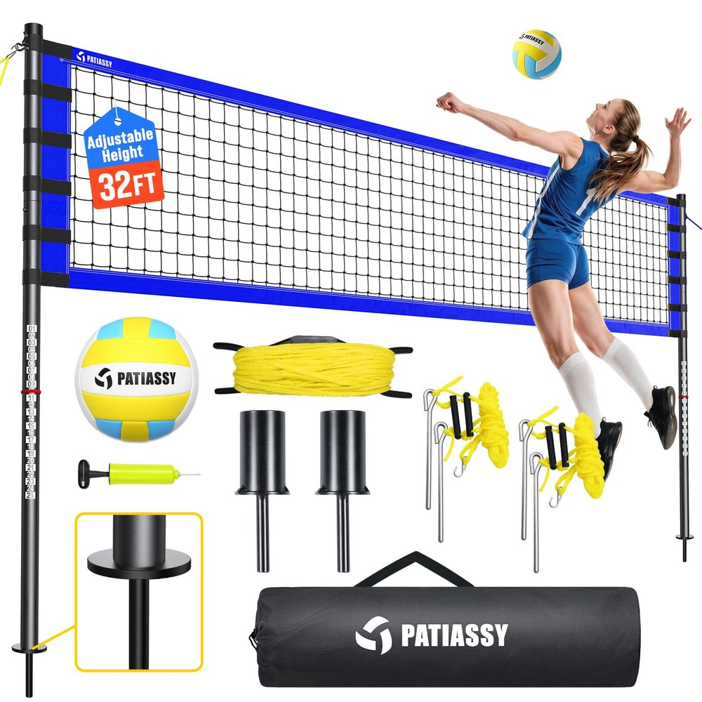 Outdoor Volleyball Net for Backyard, 32FT Anti-Sag Net with Steel Poles