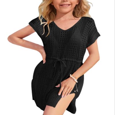 Haloumoning Girls Crochet Swim Beach Cover Up Short Sleeve Swimsuits Long Beach Dress 5-14 Years