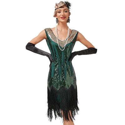 AFAVOM 1920s Women Gatsby Dress Vintage Sequin Fringe Beaded Dresses Shiny Flapper Cocktail Prom Party Costume Sexy Formal Wedding Sparkly Gown Retro Club Midi Rockabilly Dress Green-Sequin XL