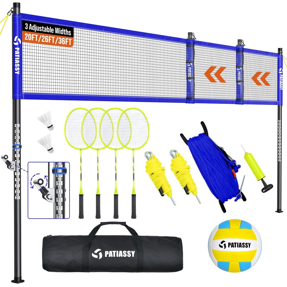 Volleyball Badminton Net Set Combo for Backyard Beach, 2-in-1 Adjustable Net with 4 Heights (5.18FT) & 3 Widths (2032FT), 4 Aluminum Rackets, Goose Feather Shuttlecocks, Volleyball & Carrying Bag