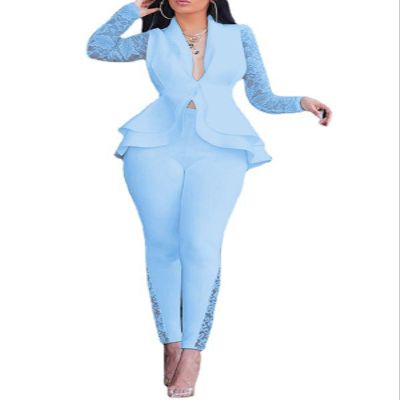 Women's Lace Long Sleeve Sheer Mesh Ruffle Blazer Bodycon Two Piece Outfits Suit Sets Long Pants Business Pants Sets Blue 2XL