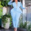Women's Lace Long Sleeve Sheer Mesh Ruffle Blazer Bodycon Two Piece Outfits Suit Sets Long Pants Business Pants Sets Blue 2XL view 2
