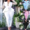 Women's Lace Long Sleeve Sheer Mesh Ruffle Blazer Bodycon Two Piece Outfits Suit Sets Long Pants Business Pants Sets Blue 2XL view 3