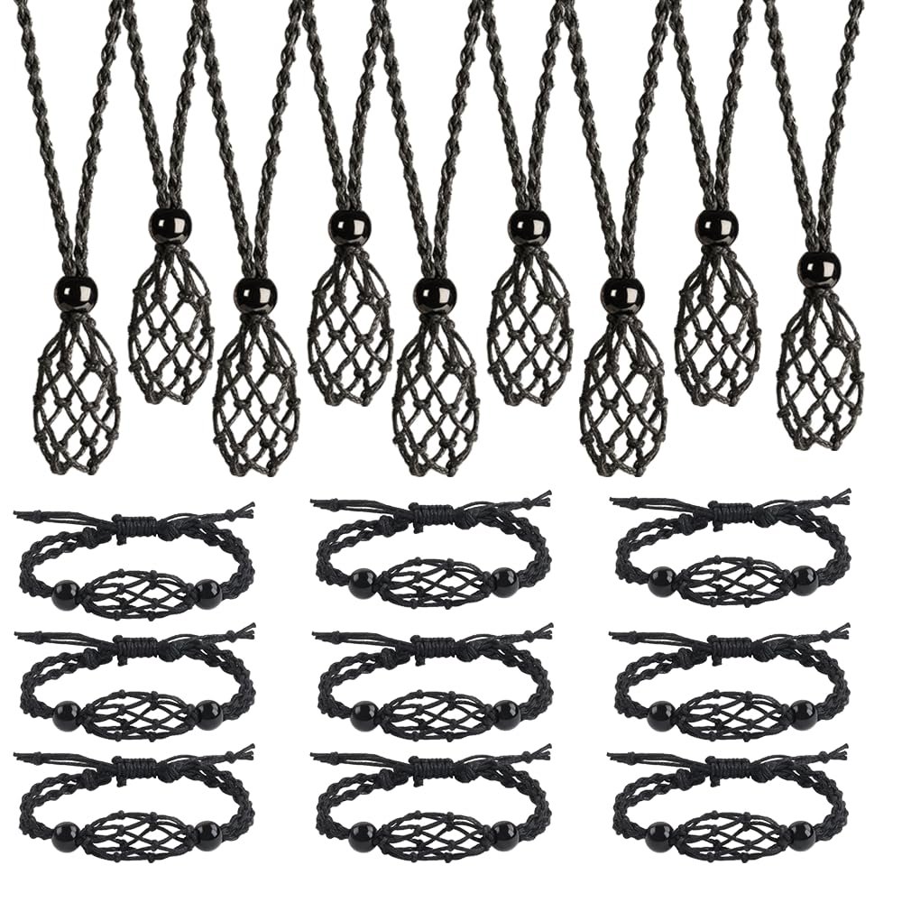 Anjiucc 9 PCS Crystal Necklace and 9 PCS Crystal Gem Bracelet Cord Empty Stone Holder Hand-Woven Necklace Cord with Adjustable for Stone Necklace DIY Bracelet (Black)