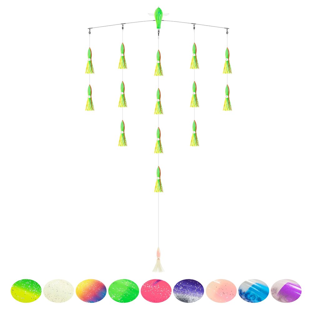 BLUEWING 36" Upgraded Fishing Spreader Bar Splasher Offshore Trolling Spreader Bar with 6" Bulb Squids and 316 Stainless Steel Rod for Wahoo Tuna Marlin Mahi Mahi, Yellow/Green