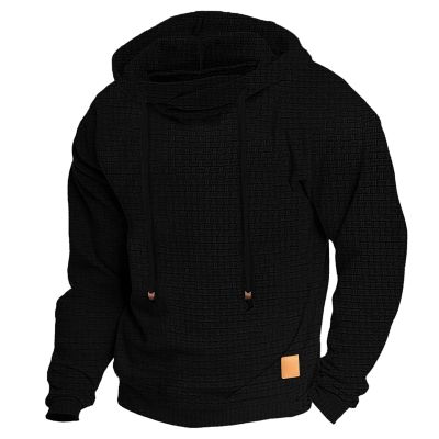 GOKKILRW Mens Waffle Shirts Long Sleeve Outdoor Workout Gym Sports Hoodie Sweatshirts Casual Solid Plaid Jacquard Pullovers Black