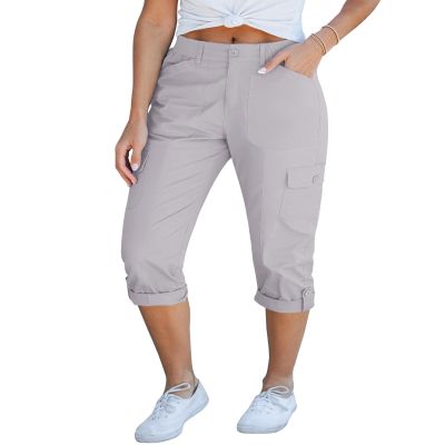 GRAPENT Womens Capris for Summer Casual Outfits - High Waisted Cargo Capris with Pockets - Womens Utility Pants Elastic Waist - Light Gray - Sizes 4 & 6