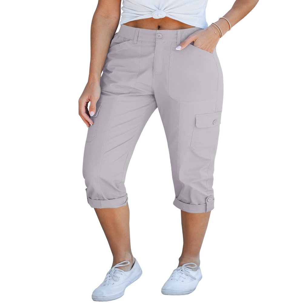 GRAPENT Womens Capris for Summer Casual Outfits - High Waisted Cargo Capris with Pockets - Womens Utility Pants Elastic Waist - Light Gray - Sizes 4 & 6