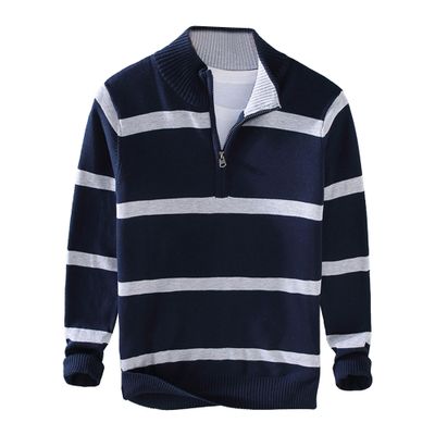 SWJGLITTR Men's 1/4 Zip Striped Sweater Male Slim Fit Color Block Knitted Pullover Cotton Casual Mock Neck Sweaters (Medium,Dark Blue)