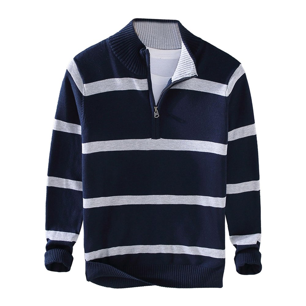 SWJGLITTR Men's 1/4 Zip Striped Sweater Male Slim Fit Color Block Knitted Pullover Cotton Casual Mock Neck Sweaters (Medium,Dark Blue)