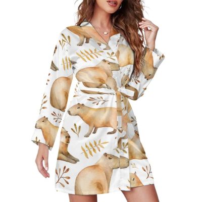Funny Capybara Women Bathrobe Knee Long Spa Robe Nightgown Shawl Collar Lightweight Robes M