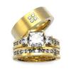 Couple Ring Bridal Set His Hers 18k Yellow Gold Plated CZ Titanium Wedding Ring Band Set view 1
