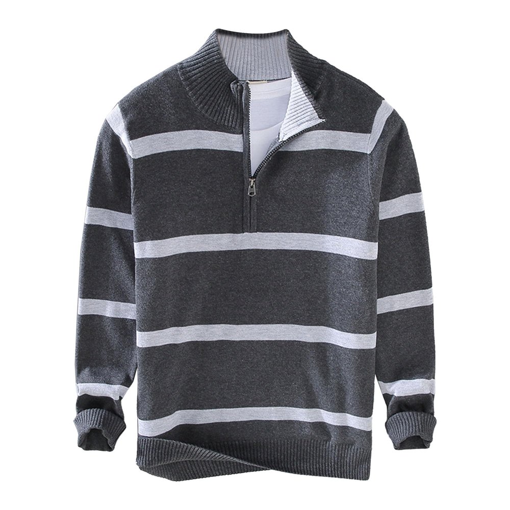 SWJGLITTR Men's 1/4 Zip Striped Sweater Male Slim Fit Color Block Knitted Pullover Cotton Casual Mock Neck Sweaters (Medium,Dark Gray)