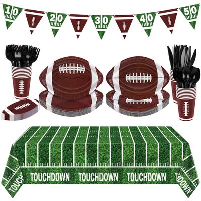 durony Football Party Decorations 146 Pcs Football Party Favors Serve 24 Disposable Paper Plates Napkins Cups Touchdown Tablecloth Banner for Sports Birthday Supplies Game Day Parties