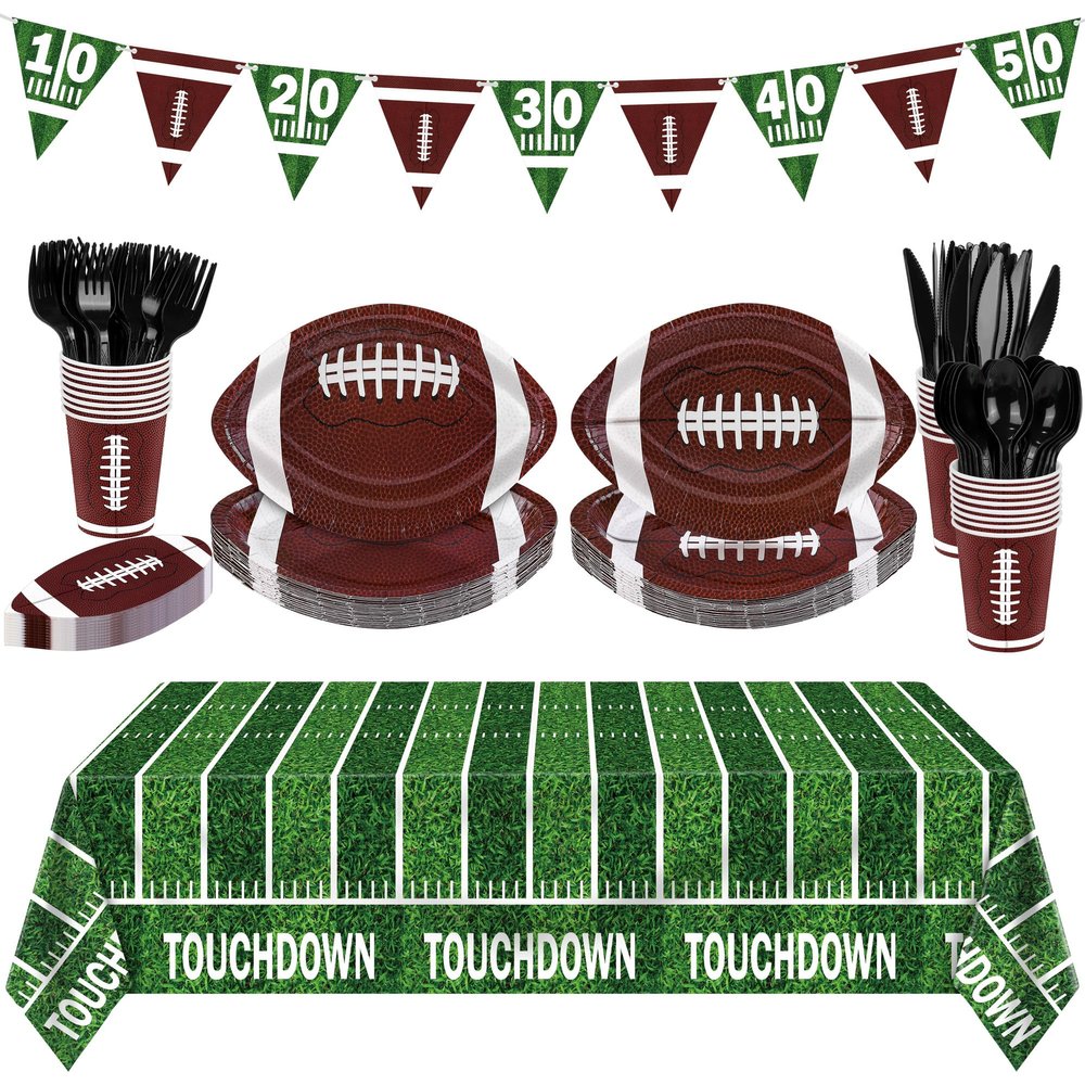 durony Football Party Decorations 146 Pcs Football Party Favors Serve 24 Disposable Paper Plates Napkins Cups Touchdown Tablecloth Banner for Sports Birthday Supplies Game Day Parties