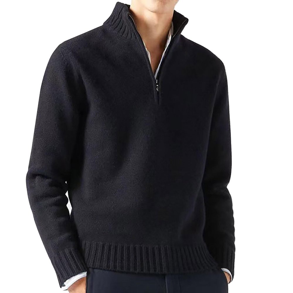 ZYXTIM Men's Quarter Zip French Rib Sweater Long Sleeve Slim Fit Soft Solid Casual Jumpers Big and Tall Thermal Polo Sweatshirt Pullover Black