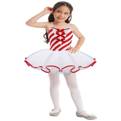 Sinleey Kids Girls Christmas Candy Cane Ballet Dance Tutu Dress Stripe Sleeveless Ice Skating Dress Fancy Party Red 16 Years