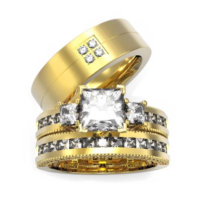 Couple Ring Bridal Set His Hers 18k Yellow Gold Plated CZ Titanium Wedding Ring Band Set