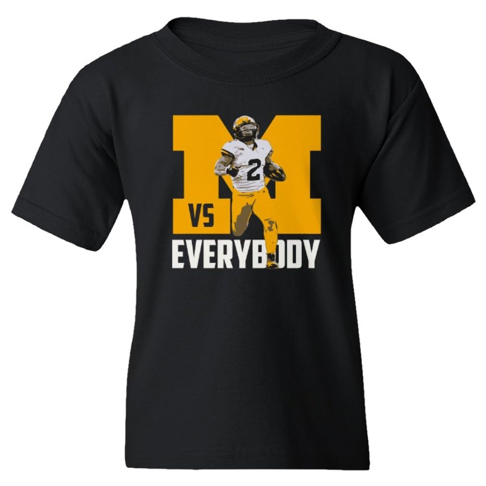 superhotapparel Michigan Against Everyone Corum Running Football Youth Unisex T-Shirt (Black, Youth Large)