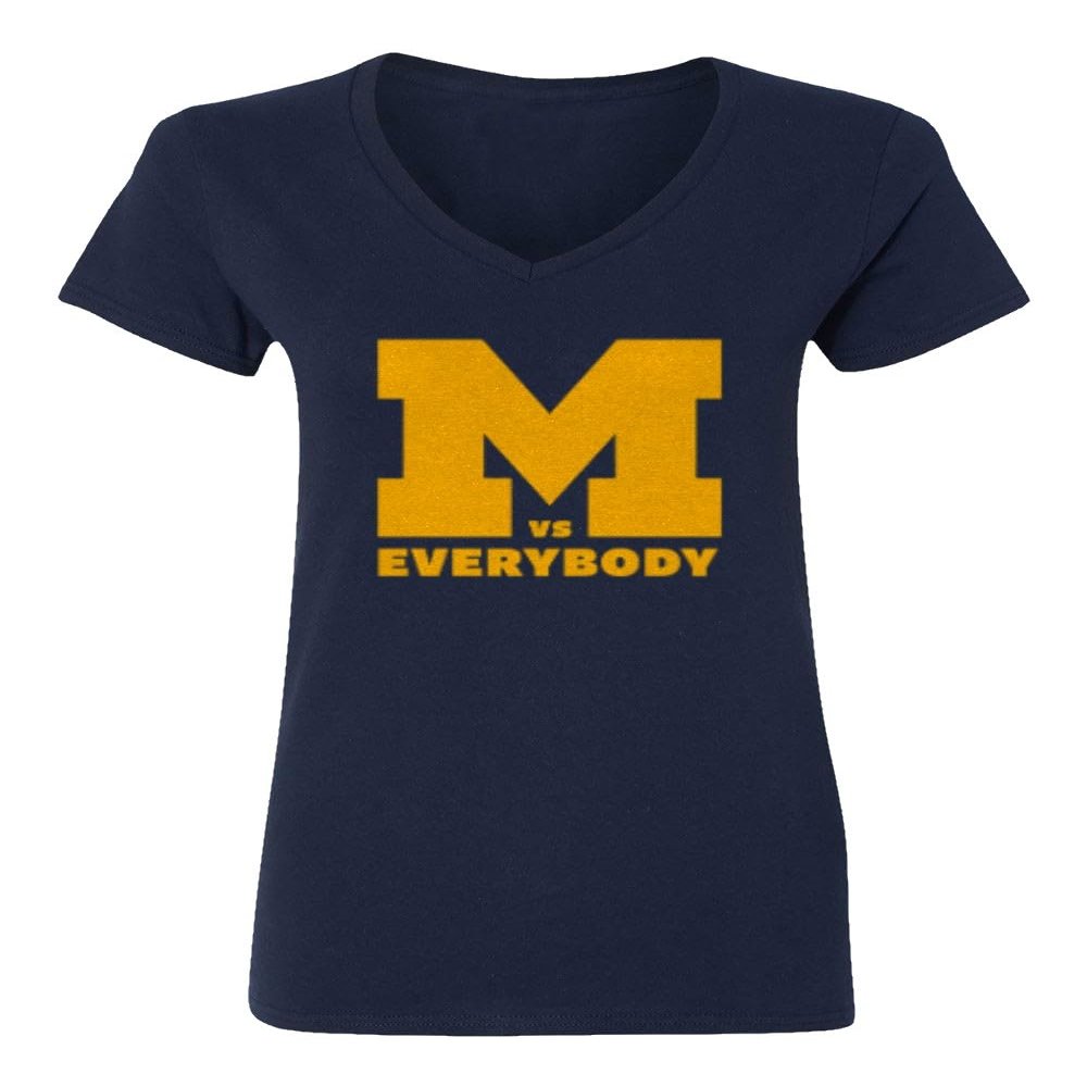 superhotapparel Michigan Football Harbaugh Support M Against Everyone Ladies' V-Neck Tshirt (Navy, X-Large)