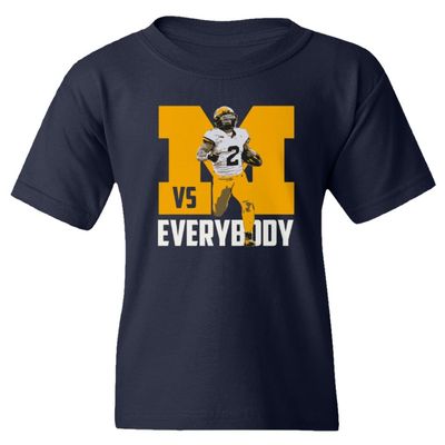superhotapparel Michigan Against Everyone Corum Running Football Youth Unisex T-Shirt (Navy, Youth Large)