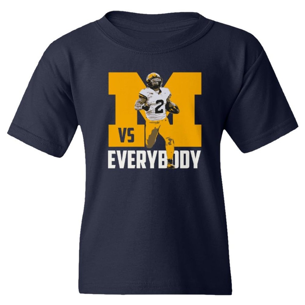 superhotapparel Michigan Against Everyone Corum Running Football Youth Unisex T-Shirt (Navy, Youth Large)