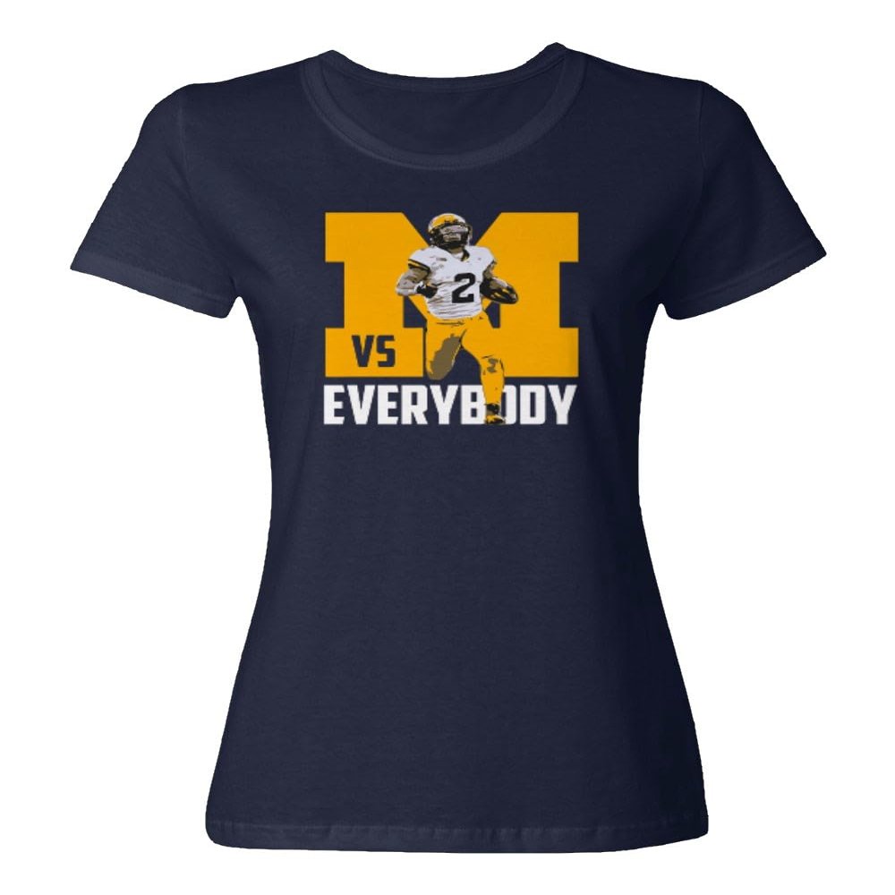 superhotapparel Michigan Against Everyone Corum Running Football Ladies' Crewneck T-Shirt (Navy, Small)