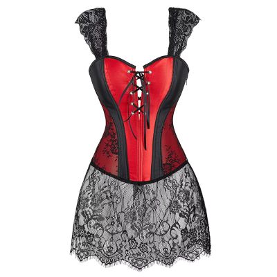 Jutrisujo Corsets for Women Dress Steampunk Lace Zipper pu Bustier Straps Gothic Lingerie Plus Size Basque Red 6XL