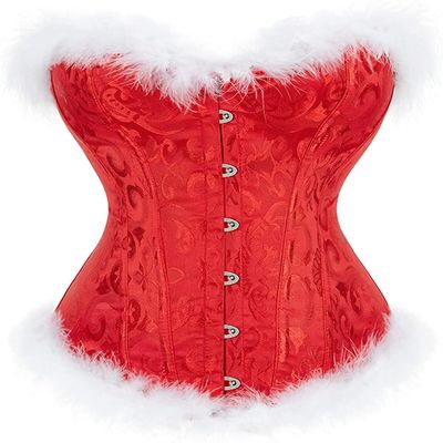 Women's Christmas Santa Costume Overbust Corset Bustier Top White Feathers Plus Size 4XL