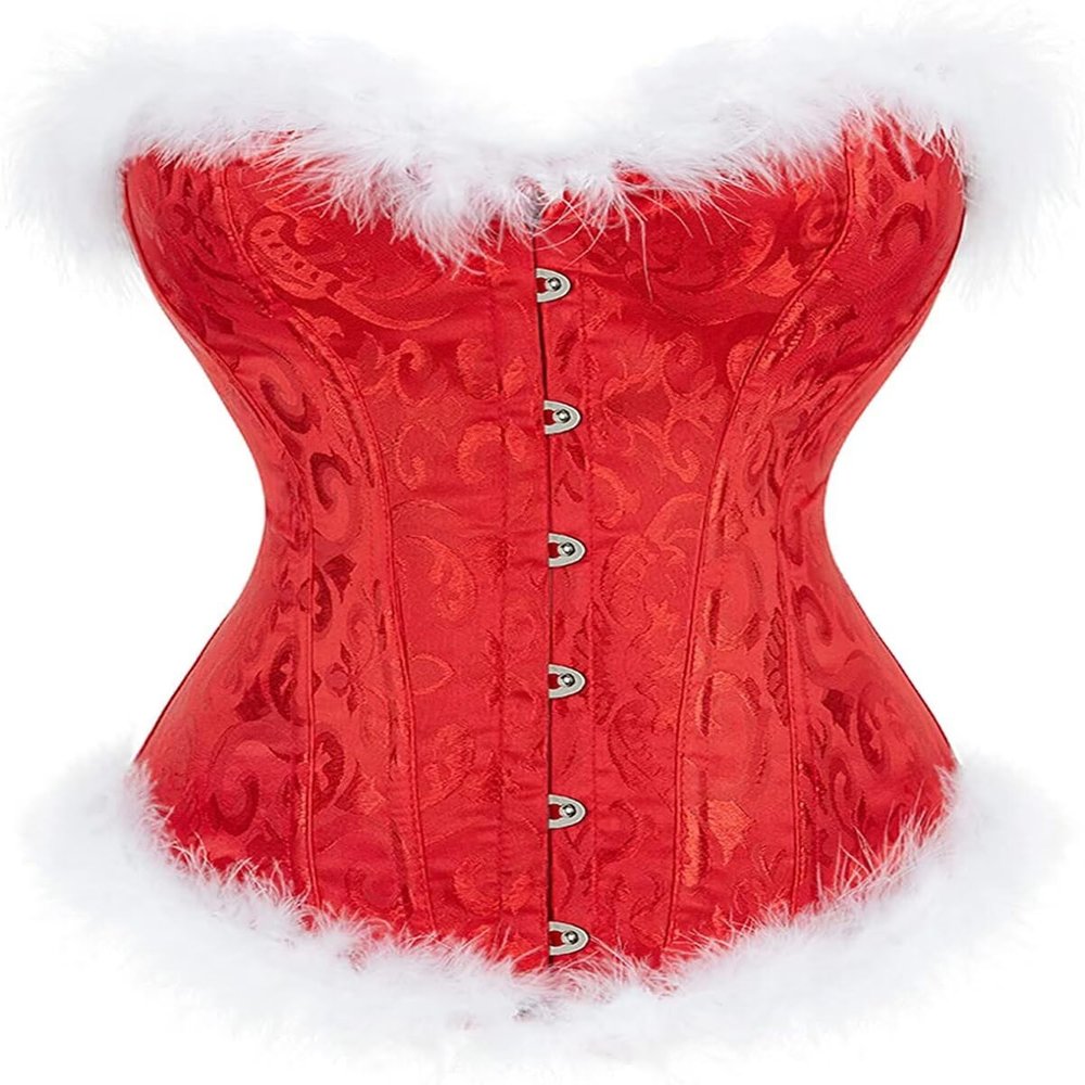 Women's Christmas Santa Costume Overbust Corset Bustier Top White Feathers Plus Size 4XL