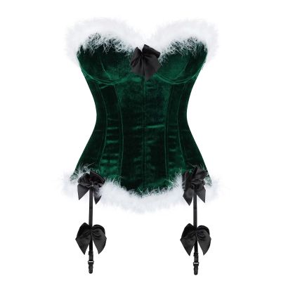 Christmas Corset Top Bustier Overbust Plus Size Women Velvet Outfit Costume Lingerie Blackish Green 4XL