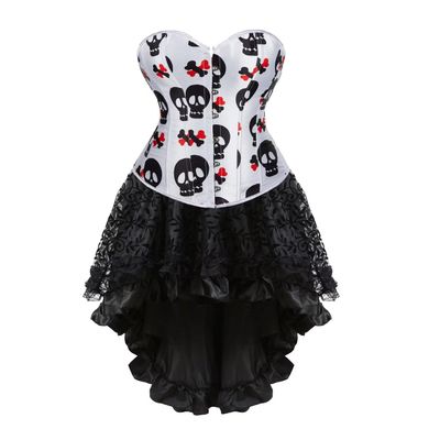 Jutrisujo Corset Dress Bustier Women Skull Print Lace up Lingerie Victorian Plus Size Halloween Costumes White 2XL